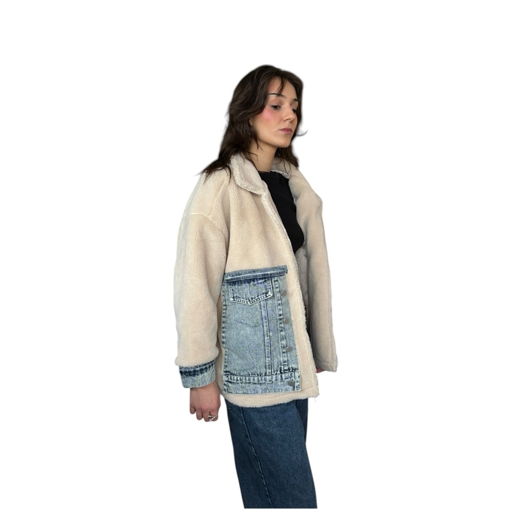 Teddy Fleece & Denim Contrast Patch Jacket-NWT - Picture 2 of 4